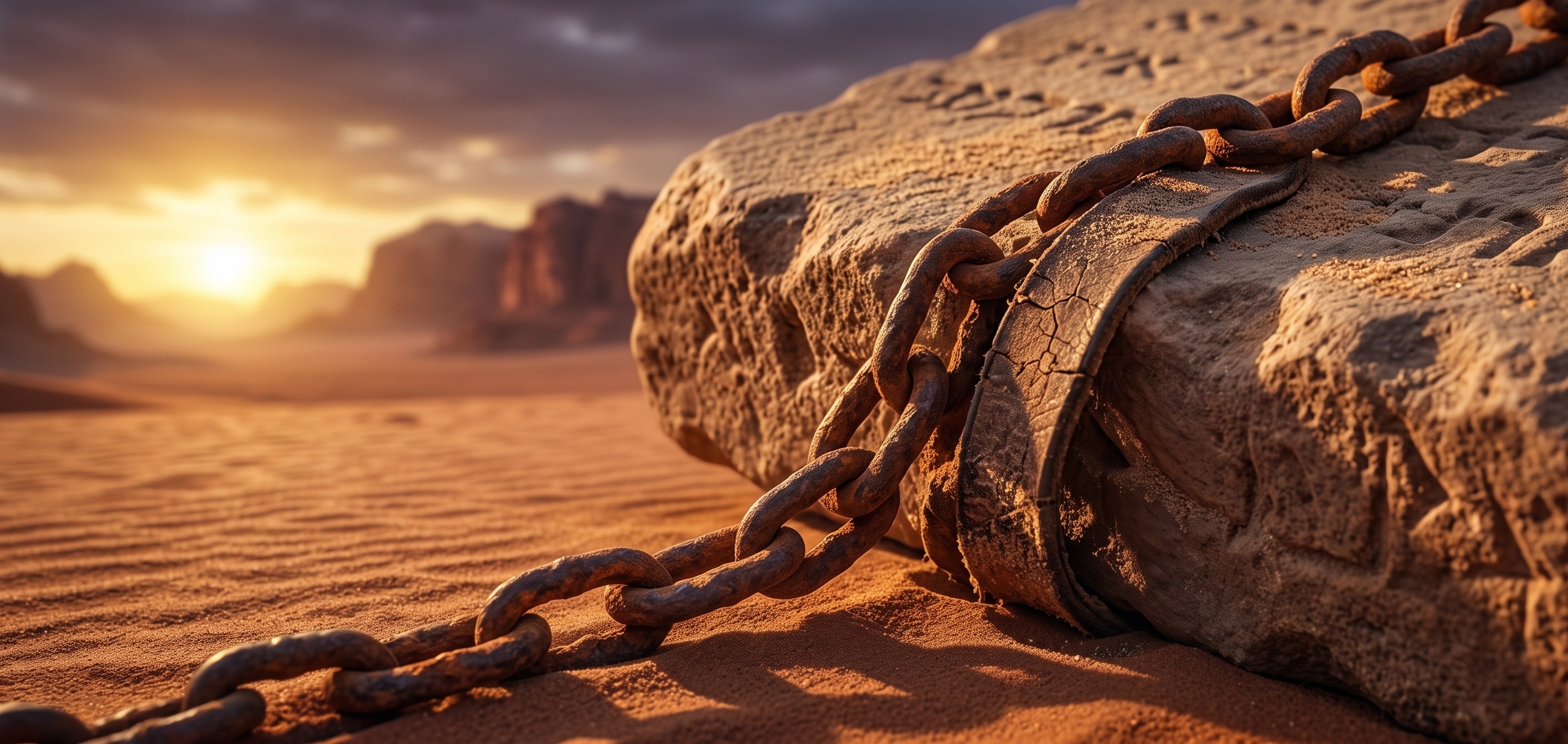 Close up of a rusted iron chain biting into the edge of a weathered stone tablet, desert dust in every crack.