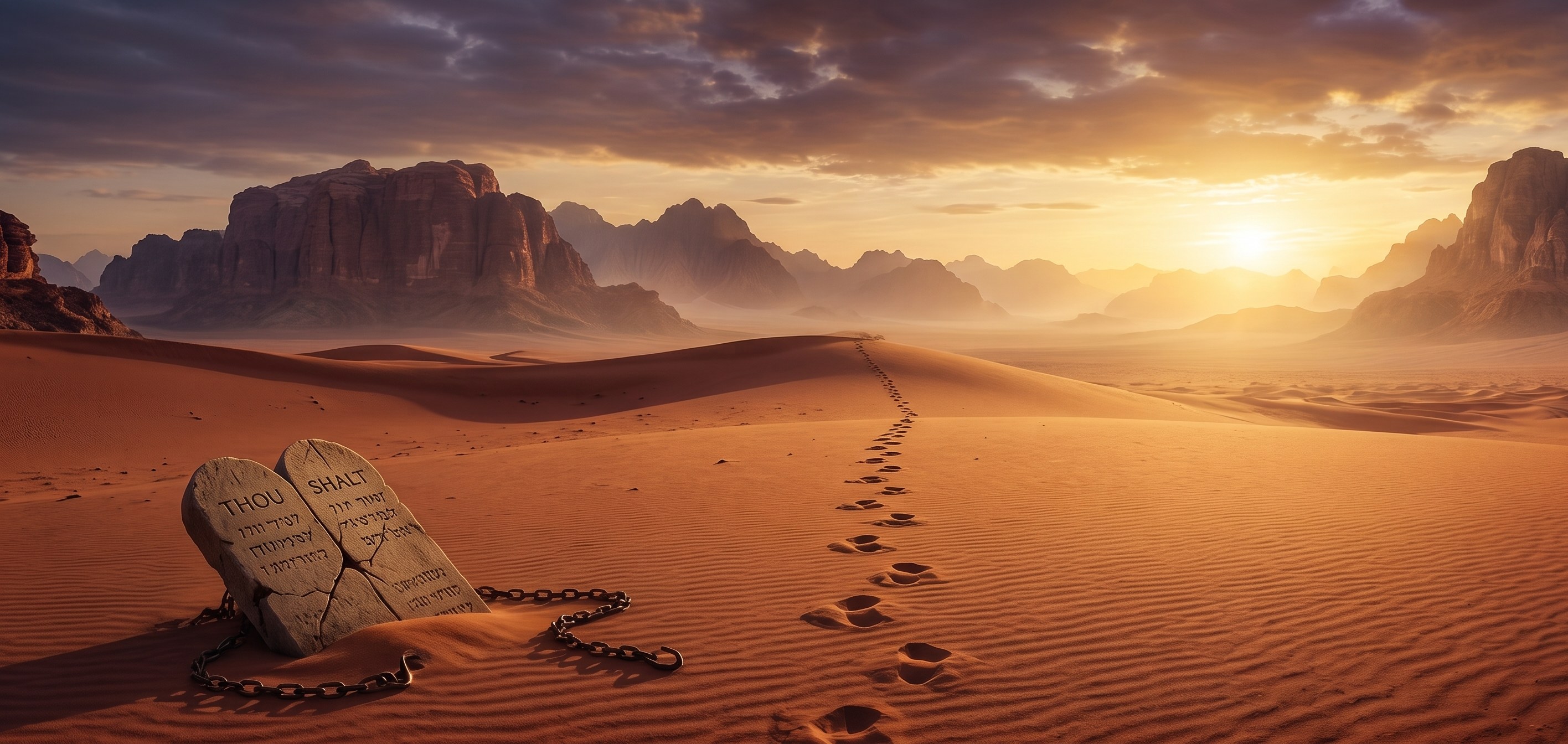 An empty desert at last light. A cracked THOU SHALT tablet lies half buried with slack chains, and a line of camel footprints leads away over the dunes.